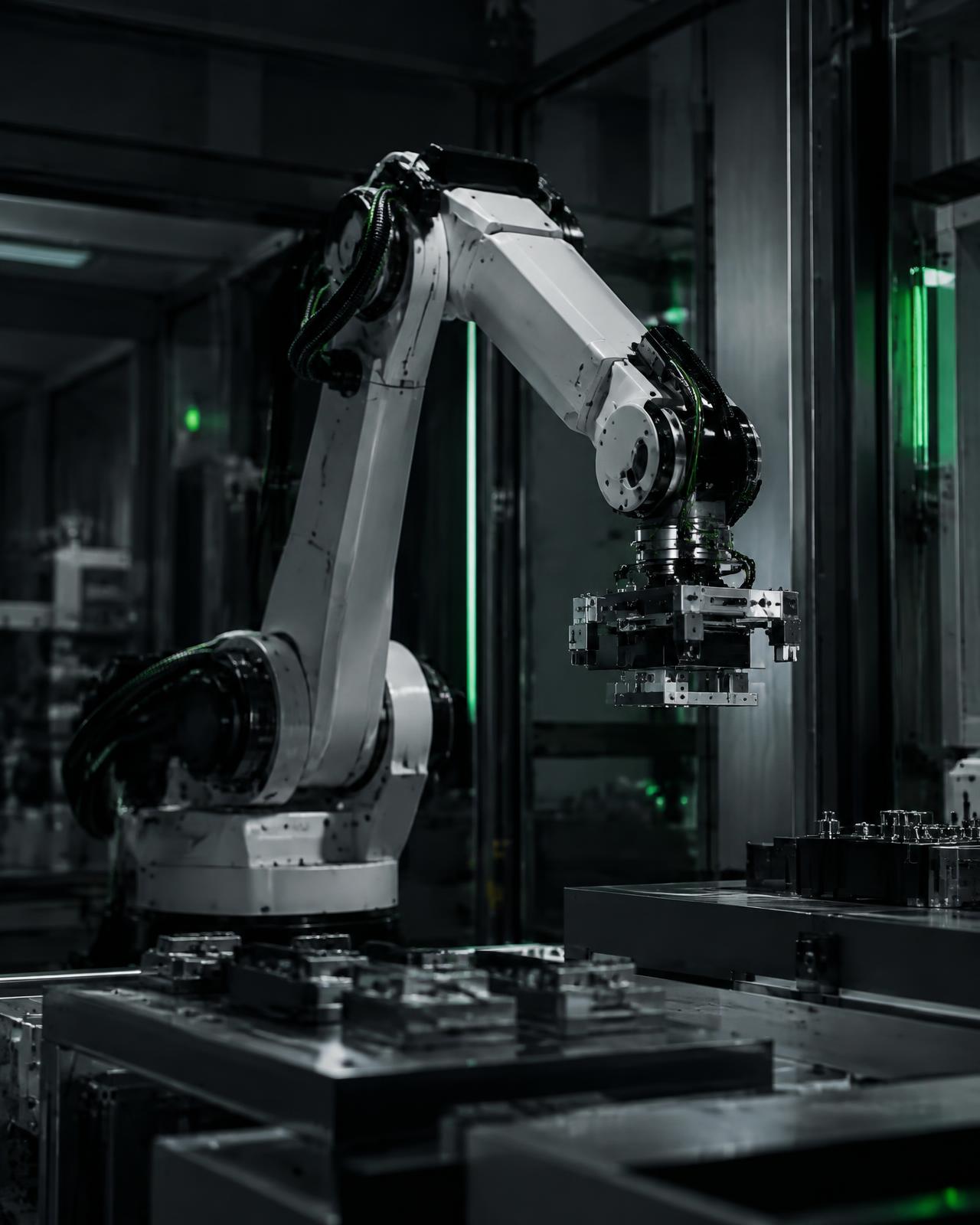 Braço robótico em célula de automação industrial