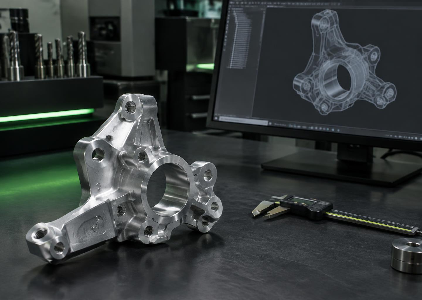 Peça mecânica usinada em alumínio ao lado do seu modelo 3D em CAD