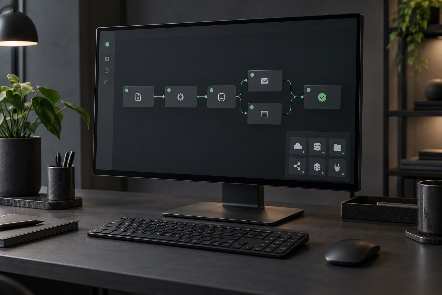Composição ilustrativa de um monitor exibindo um fluxo digital de atividades conectadas, sem dados de uma operação real