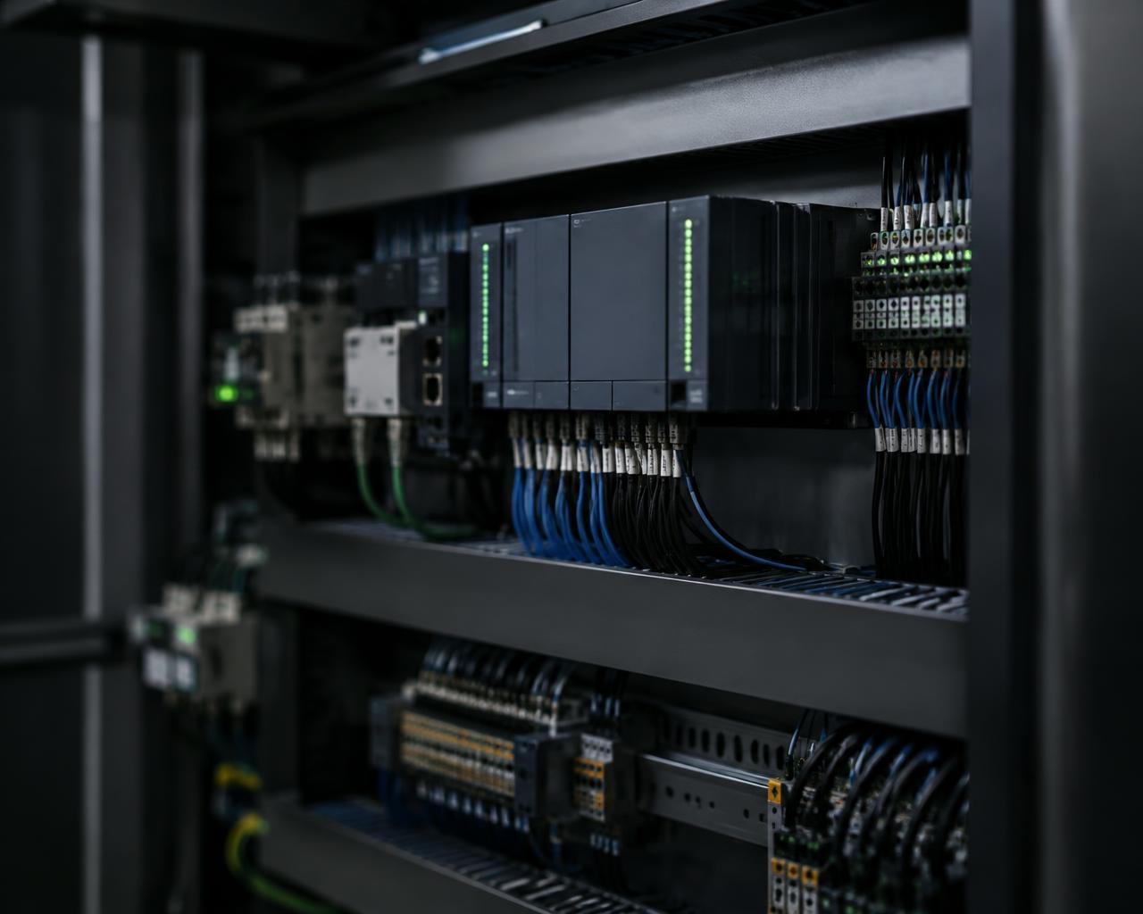 Painel elétrico com controladores e cabeamento organizado
